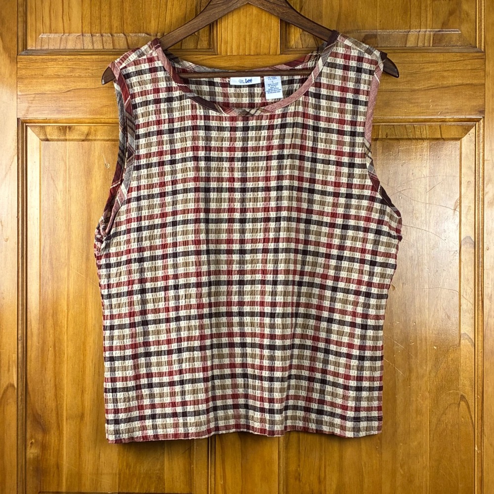 Ms. Lee Vintage Plaid Sleeveless Top Red Brown Textured Seersucker Large